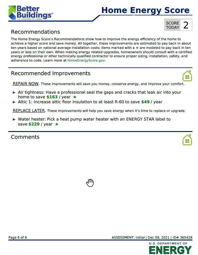 Home Energy Score recommendations example