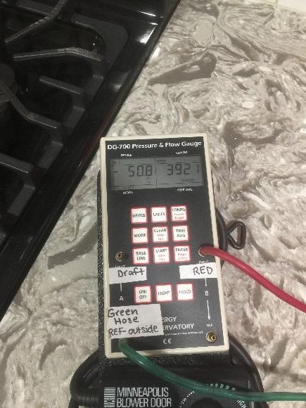 Blower door air leakage example of air loss of 3921 cubic feet per minute at a pressure of 50.8 Pascals
